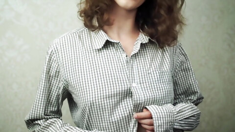 Curly Brunette in Shirt Showing off Her Small Perky Tits