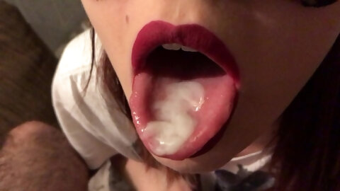 red lipstick closeup blowjob, cum on tongue and swallow